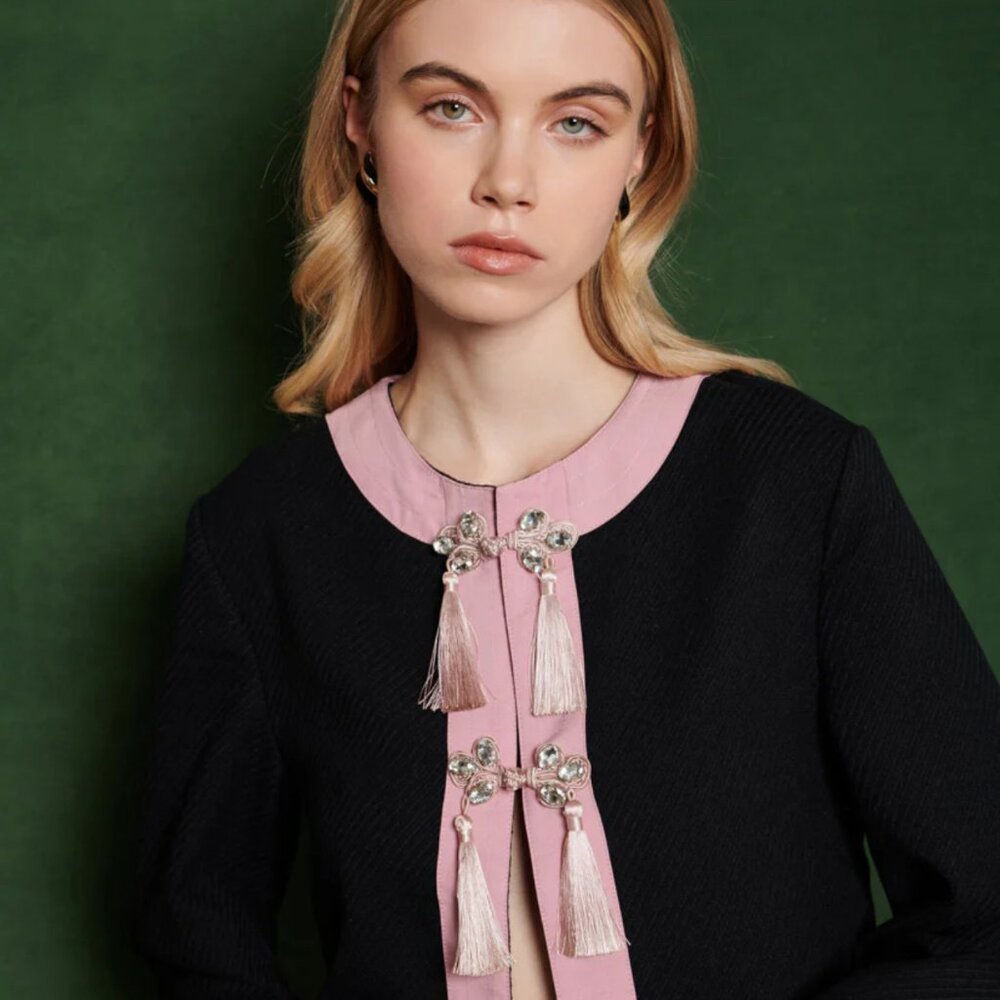 Sister Jane Black Jacket with Pink Trim and Tassel Fastenings